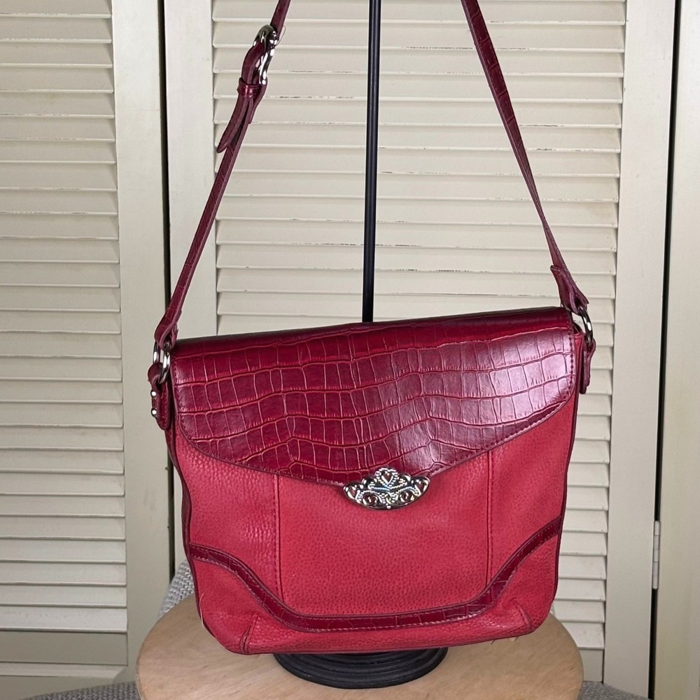 Coldwater Creek Crossbody Purse Shoulder Bag Red Suede and Croc Embossed Leather - Picture 6 of 10